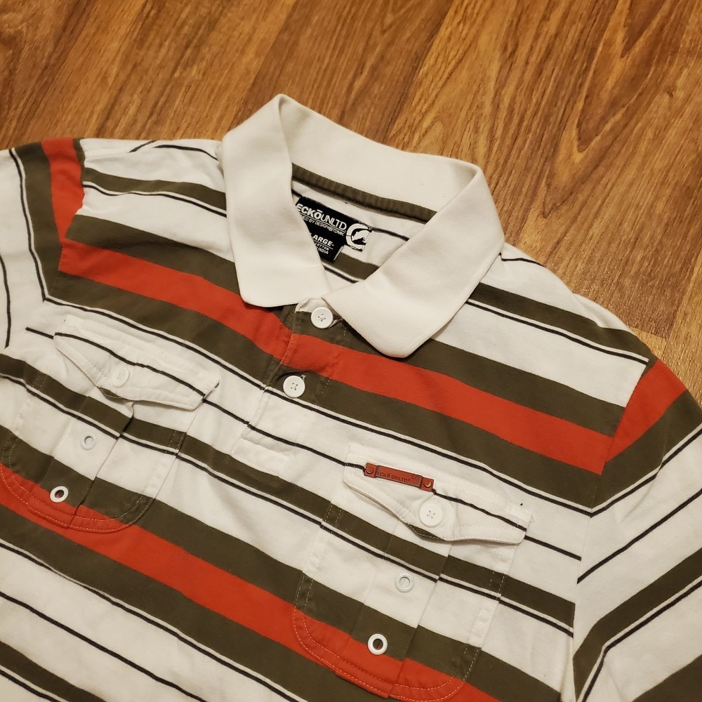 Vintage Ecko Unltd Polo Shirt‎ Men Large White Striped Pockets Hip Hop Y2K